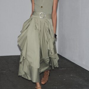 Custom Women Clothes Chic Sage Green Outfit: Sleeveless Top + Ruffled Midi Skirt