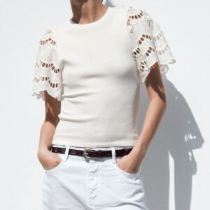 Custom Chic White Top with Eyelet Embroidered Flutter Sleeves Elegant White Ribbed Top with Laser