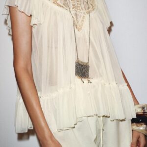 Custom Bohemian Sheer Cream Blouse with Layered Flutter Sleeves Chiffon Tops