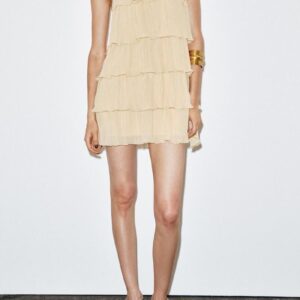 Custom Romantic Cream Halter Neck Tiered Mini Chic Halter Neck Boho Elegant Textured Dress