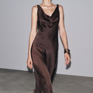Custom OEM ODM Women Clothes Brown Sleeveless Dress Long Dress Suspender Dress Linen Dress