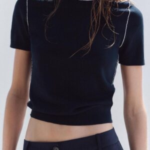 Custom Elegant Chic Black Cropped Knit Top with White Piping Cropped Knitwear Tops