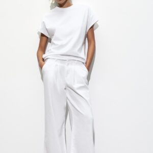 Solid color suit short-sleeved top and long pants customized fabric linen cotton suit
