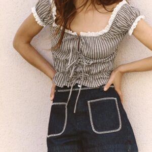 Custom Vintage Inspired Gingham Top with Ruffled Trim Chic Checkered Puff Sleeves Tops
