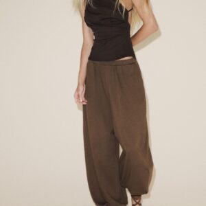 Custom Effortless Chic Asymmetric Black Shoulder Black Top + Brown Harem Pants Women Suits