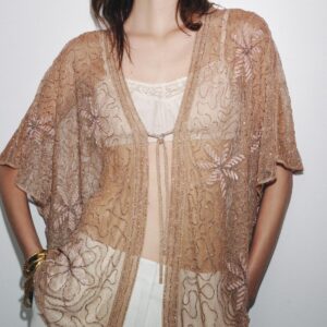 Custom Chic Beige Sheer Knit Cardigan with Embroidered Flowers Mesh Vintage Tops