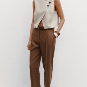 Custom Trendy Beige Asymmetric Chic Asymmetric Button Vest and Brown Trousers Ensemble