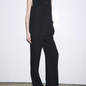 Custom Chic Monochromatic Look Black Collared Vest +Wide  Leg Trousers Women Suits