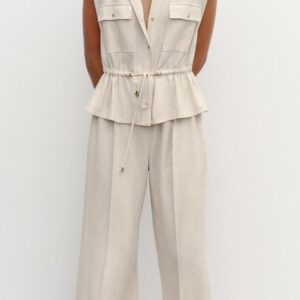 Custom Elegant Beige Linen Sleeveless Blouse & Wide Leg Trousers for Daily Leg Pants Sets