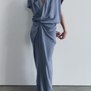Custom Chic Slate Blue Draped Wrap Dress with Collared Neckline Unique Dress