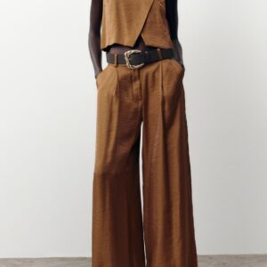Custom Chic Asymmetric Crop Top + Wide Leg Trousers in Warm Brown Women Sets