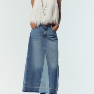 Custom Chic White Fringed Vest Fringed Top + Elegant Denim Maxi Skirt Set Women Suits