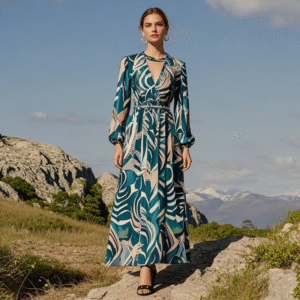Custom Artistic Print Maxi Dress Bohemian Balloon Sleeves Long Sleeves Chic Dresses