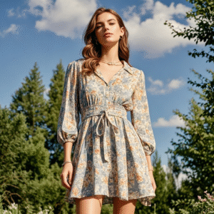 Custom Floral Printed Shirt Dress with Puff Sleeves and Waist Tie Chic Floral Dress