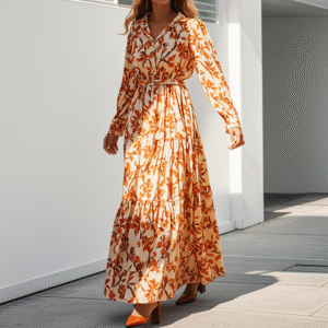 Custom Boho Tiered Maxi Dress Long Sleeved Waist Belt Tiered Hem Dresses