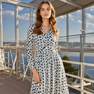 Custom Polka Dot Print Shirt Dress with Long Sleeves Maxi Dress with Long Sleeves and Shirt Collar Dress (复制)