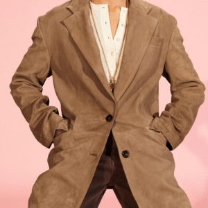Custom Women Coat Suede Blazer in Warm Taupe Double Breasted Design Welt Pockets
