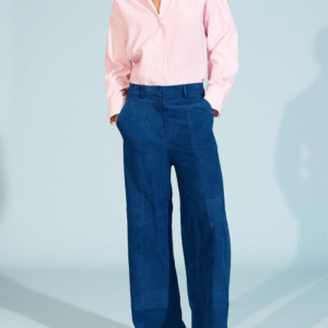 Custom Women Clothes Everyday Elegance Pink Shirt Blue Suede Pants Outfit