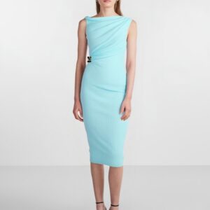 Custom Light Blue Sleeveless Midi Dress Draped Design Figure Hugging Fit Dresses