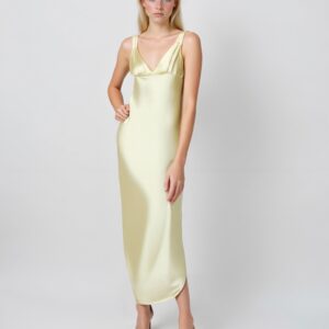 Custom Women Clothes Light Yellow Satin Midi Dress with V Neck Slip Design Dresses