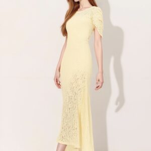 Custom Pale Yellow Bodycon Lace Maxi Dress Unique Hem Puff Sleeve Detail Dresses