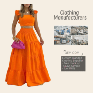Women's Orange Ruffle Crop Top Tiered Maxi Dress Set Customizable with Sample Service