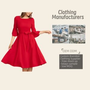 Women's Red Flared Sleeve Belted A Line Midi Dress Customizable with Sample Service