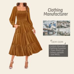 OEM ODM Women's Square Neck Long Sleeve Smocked Tiered Midi Dress