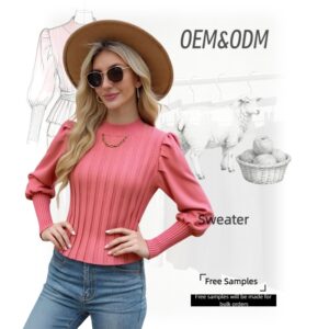 OEM ODM Women Tops Clothes Pink Blouse Stylish Pink Puff Sleeve Sweater