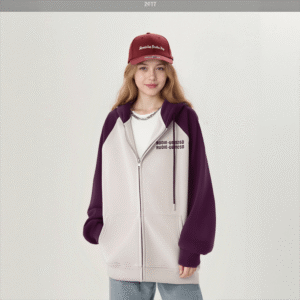 Color Blocked Raglan Sleeve Zip Up Hoodie Plum Beige Panels with Logo Print Oversized Streetwear Hoodies