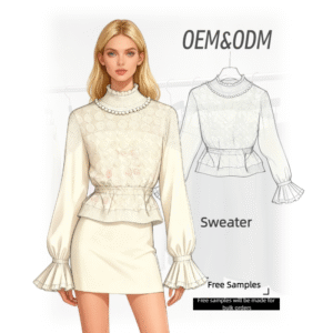 OEM/ODM Elegant Embroidered Peplum Sweater Skirt Sets Long-sleeved Tops Mini Skirts