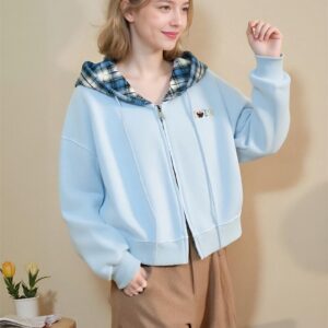Light Blue Zip Up Hoodie with Plaid Lined Hoodies Cute Embroidered Detail Hoodies