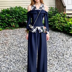 Clothing Manufacturer Navy Blue Off-Shoulder Tops with Plaid Accents Long Sleeve Wide Leg Pant