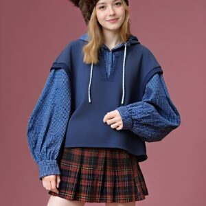 Women's Preppy Style Layered Hoodie with Checkered Puff Sleeves Plaid Pleated Mini Skirt Casual Chic Two-Piece Outfit