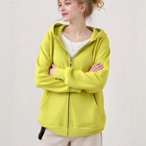 Women's Bright Yellow Zip-Up Hoodie with Pockets, Oversized Casual Sweatshirt for Daily Wear