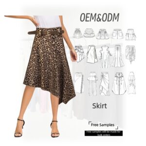 Free Clothing Sample Women Clothes Twill Brown Leopard Print Midi Skirt with Belt