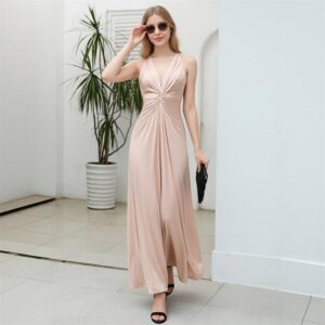 Customizable Champagne Satin Halter V-Neck Maxi Dress Custom Elegance Dresses