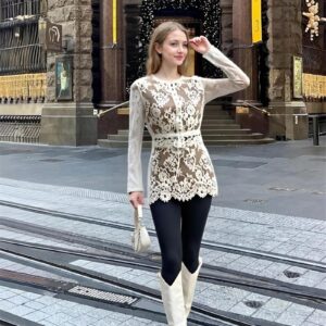 Customizable Beige Lace Embroidered Long Sleeve Tunic Personalized Vintage Inspired Elegance Dresses