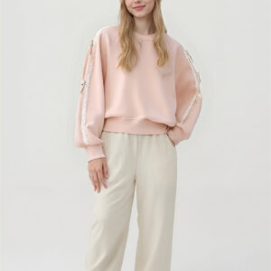 Customizable Pink Embroidered Accent Sweatshirt Beige Wide Leg Pants Sets