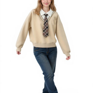 Women's Preppy Style Outfit Beige V Neck Sweatshirt with Plaid Tie Denim Jeans