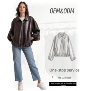 Clothes Manufacture Women Leather Coat Solid Color Zip Up Short Longsleeve Jacket