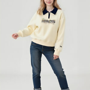 Custom Women's Casual Outfit Creamy Yellow Polo Collar Graphic Sweatshirt Dark Denim Cuffed Jeans