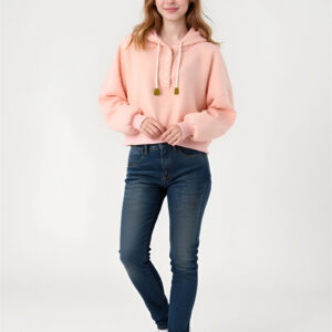 Women's Casual Ensemble Peach Buttoned Hoodie Dark Denim Skinny Jeans