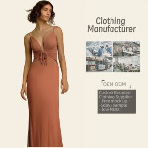 Custom Women Clothes Rust Red Spaghetti Strap Maxi Dress with Front Tie Detail Dress