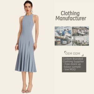 Custom Women Clothes Slate Blue Sleeveless Midi Dress with Flared Hem Slim Fit Dresses