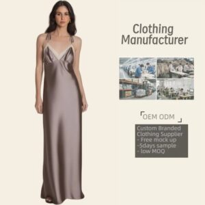 Taupe Satin Maxi Slip Dress with Lace Trimmed V Neck Tie Straps Dress